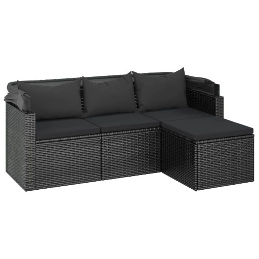 3-személyes fekete polyrattan kanapé tetővel és lábtartóval