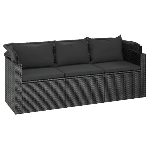 3-személyes fekete polyrattan kanapé tetővel és lábtartóval