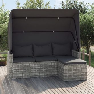   3-személyes szürke polyrattan kanapé tetővel és lábtartóval
