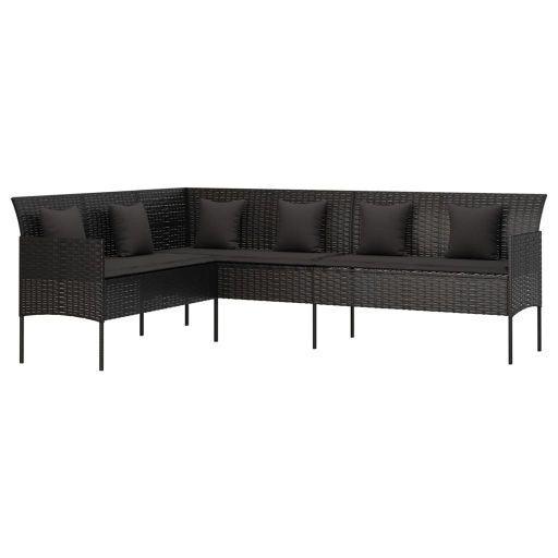 L-alakú fekete polyrattan kerti kanapé párnákkal