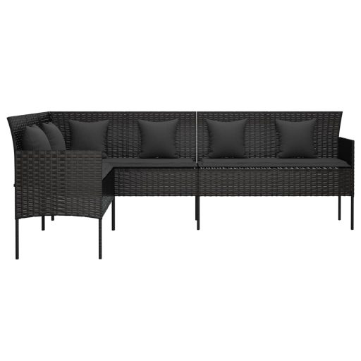 L-alakú fekete polyrattan kerti kanapé párnákkal