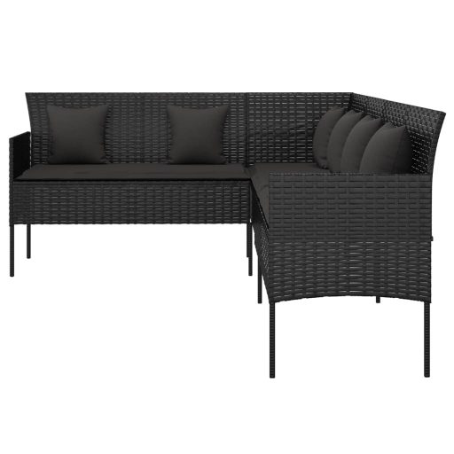 L-alakú fekete polyrattan kerti kanapé párnákkal