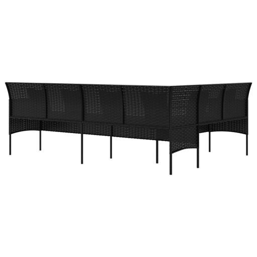 L-alakú fekete polyrattan kerti kanapé párnákkal