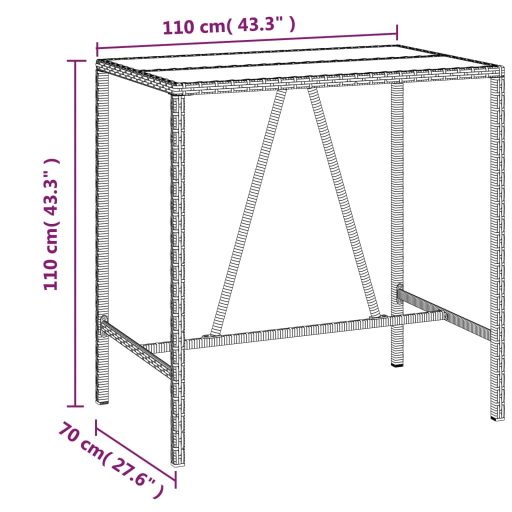 Fekete polyrattan üveglapos bárasztal 110 x 70 x 110 cm