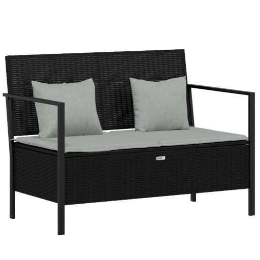 Fekete 2 személyes polyrattan kerti pad párnával
