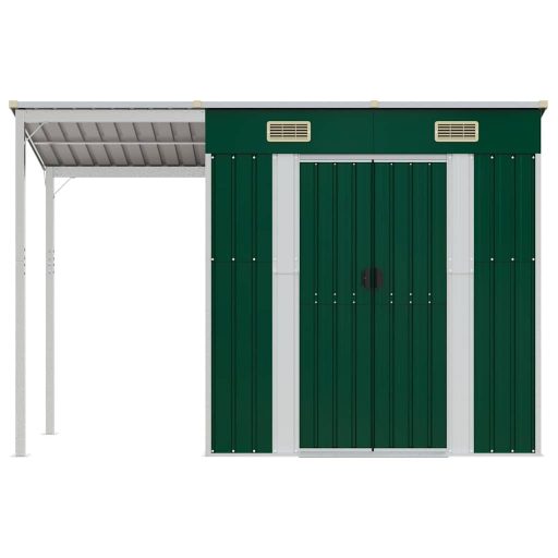 Zöld kerti fészer meghosszabbított tetővel 277x107x181 cm