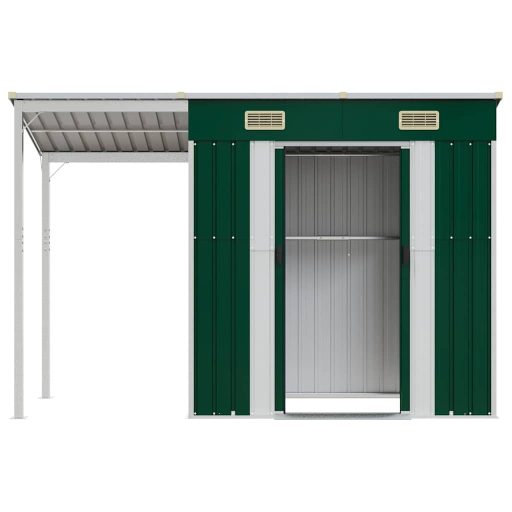 Zöld kerti fészer meghosszabbított tetővel 277x107x181 cm