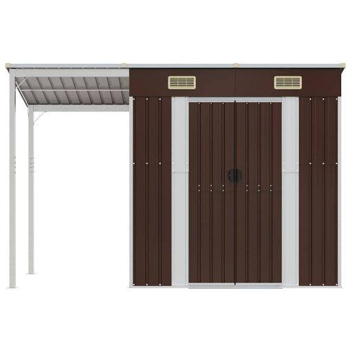 Barna kerti fészer meghosszabbított tetővel 277x107x181 cm