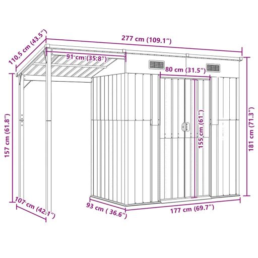 Barna kerti fészer meghosszabbított tetővel 277x107x181 cm