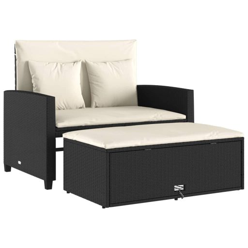 2 személyes fekete polyrattan kerti kanapé párnával