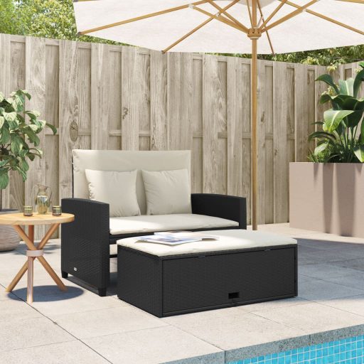 2 személyes fekete polyrattan kerti kanapé párnával