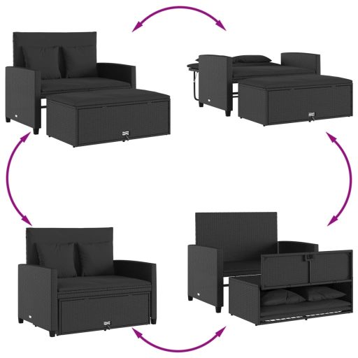 2 személyes fekete polyrattan kerti kanapé párnával