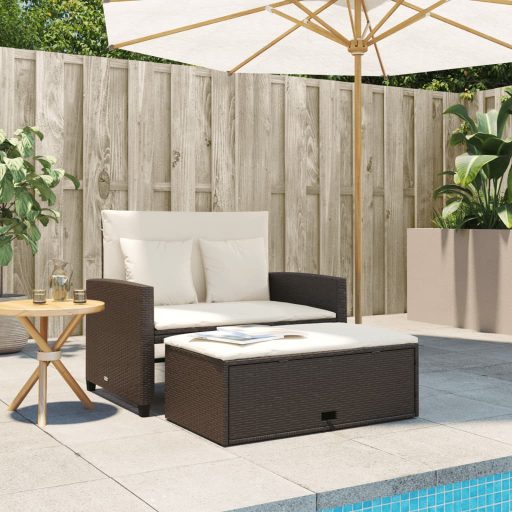 2 személyes barna polyrattan kerti kanapé párnával