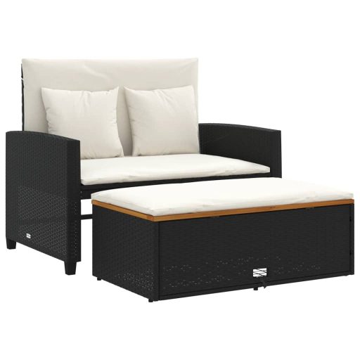 2 személyes fekete polyrattan/akácfa kerti kanapé párnával
