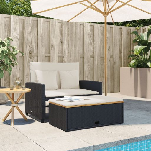 2 személyes fekete polyrattan/akácfa kerti kanapé párnával
