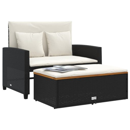 2 személyes fekete polyrattan/akácfa kerti kanapé párnával