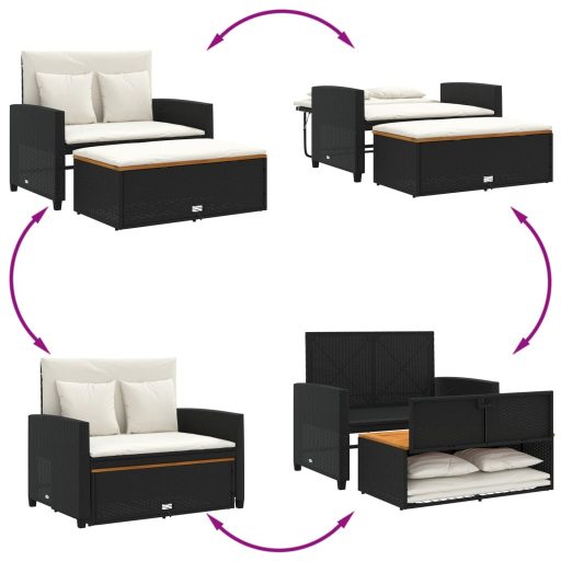 2 személyes fekete polyrattan/akácfa kerti kanapé párnával