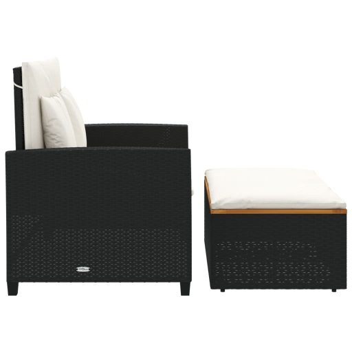 2 személyes fekete polyrattan/akácfa kerti kanapé párnával