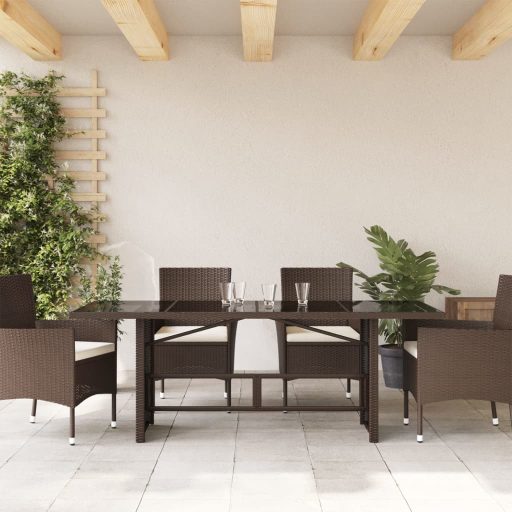 Barna polyrattan üveglapos kerti asztal 190 x 80 x 74 cm