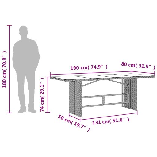 Barna polyrattan üveglapos kerti asztal 190 x 80 x 74 cm