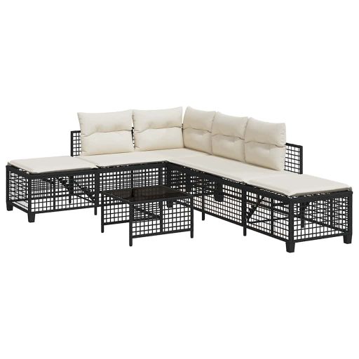 3 részes fekete polyrattan kerti sarokkanapé garnitúra párnával