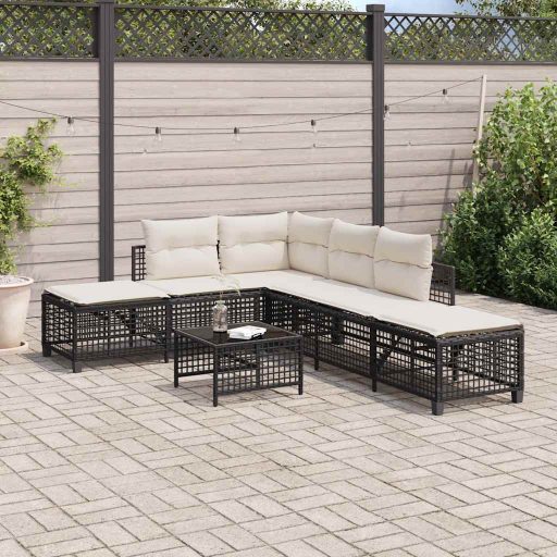 3 részes fekete polyrattan kerti sarokkanapé garnitúra párnával