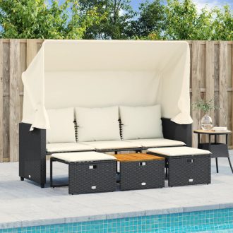   3 személyes fekete polyrattan kerti kanapé baldachinnal/székkel