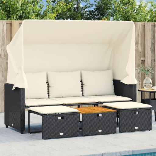 3 személyes fekete polyrattan kerti kanapé baldachinnal/székkel