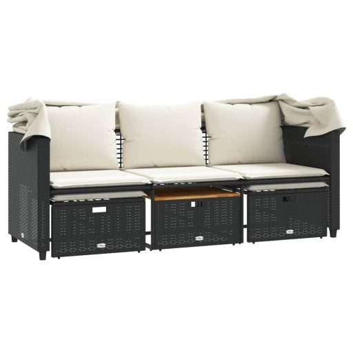 3 személyes fekete polyrattan kerti kanapé baldachinnal/székkel