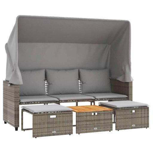 3 személyes szürke polyrattan kerti kanapé baldachinnal/székkel