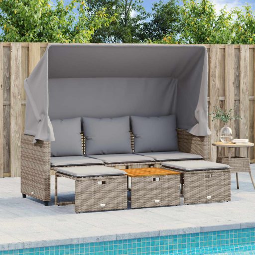 3 személyes szürke polyrattan kerti kanapé baldachinnal/székkel