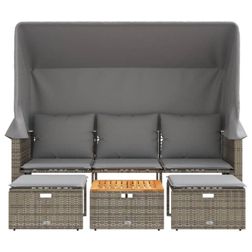 3 személyes szürke polyrattan kerti kanapé baldachinnal/székkel