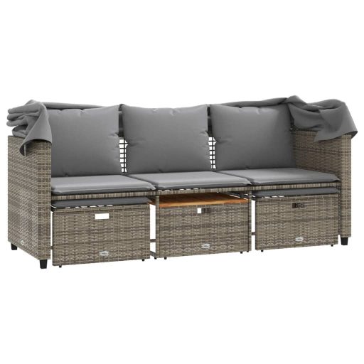 3 személyes szürke polyrattan kerti kanapé baldachinnal/székkel