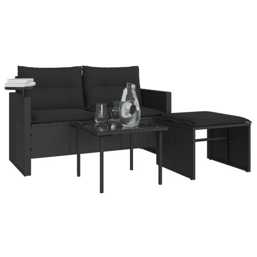 3 részes fekete polyrattan kerti ülőgarnitúra párnával
