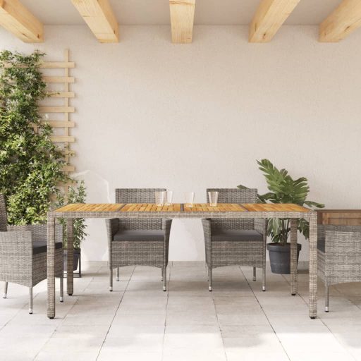 Szürke polyrattan kerti asztal akácfa lappal 190 x 90 x 75 cm