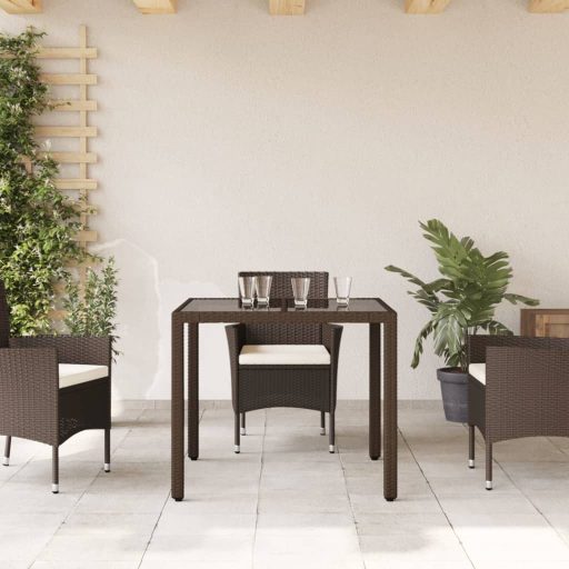 Barna polyrattan üveglapos kerti asztal 90 x 90 x 75 cm