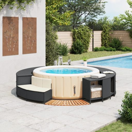 Fekete polyrattan és tömör akácfa jakuzzi-keret