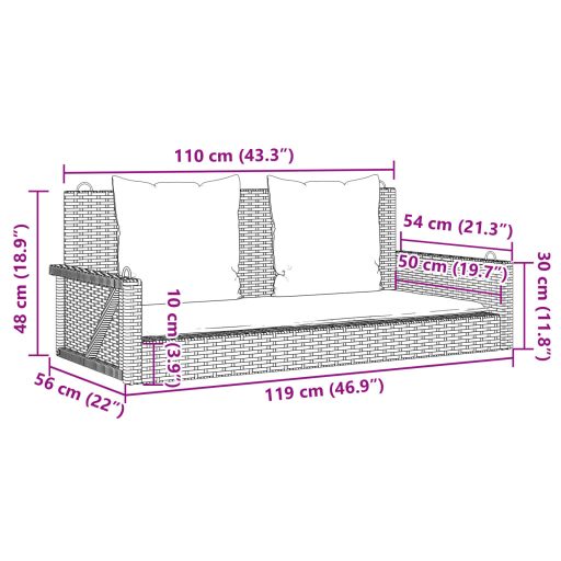 Szürke polyrattan hintapad párnákkal 119 x 56 x 48 cm