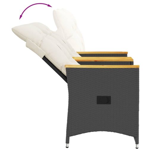 2 személyes fekete polyrattan dönthető kerti kanapé asztallal