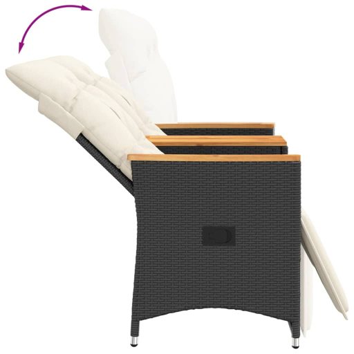 2 személyes fekete polyrattan dönthető kerti kanapé asztallal