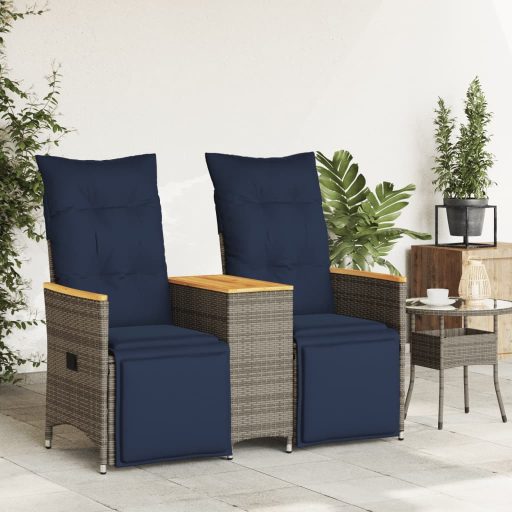 Kétszemélyes dönthető kerti kanapé asztallal, szürke polyrattan