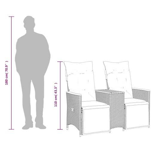 Kétszemélyes dönthető kerti kanapé asztallal, szürke polyrattan
