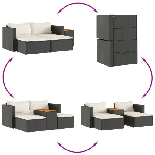 5 részes fekete polyrattan akácfa kerti kanapészett párnákkal
