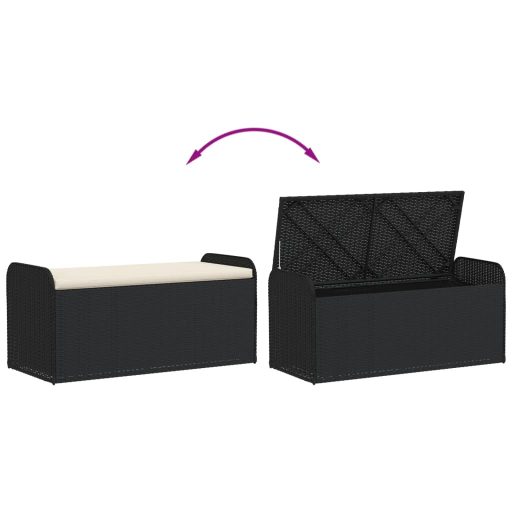 Fekete polyrattan tárolópad párnával 115 x 51 x 52 cm