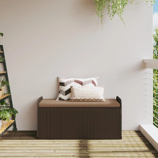 Barna polyrattan tárolópad párnával 115 x 51 x 52 cm
