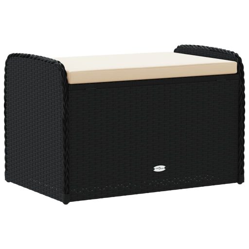 Fekete polyrattan tárolópad párnával 80 x 51 x 52 cm
