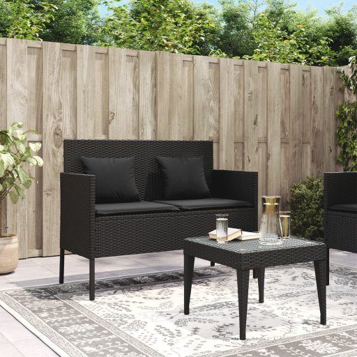 Fekete polyrattan kerti pad párnával