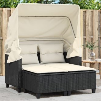   2 személyes fekete polyrattan kerti kanapé baldachinnal/székkel