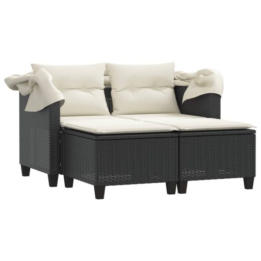 2 személyes fekete polyrattan kerti kanapé baldachinnal/székkel