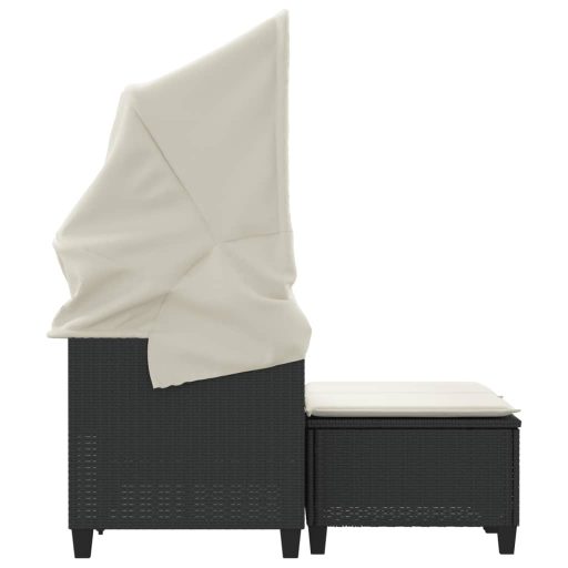 2 személyes fekete polyrattan kerti kanapé baldachinnal/székkel